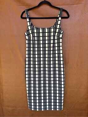 Elaine Kim Dress S Black Ivory Geometric Grid Faux Leather Trim Made Japan